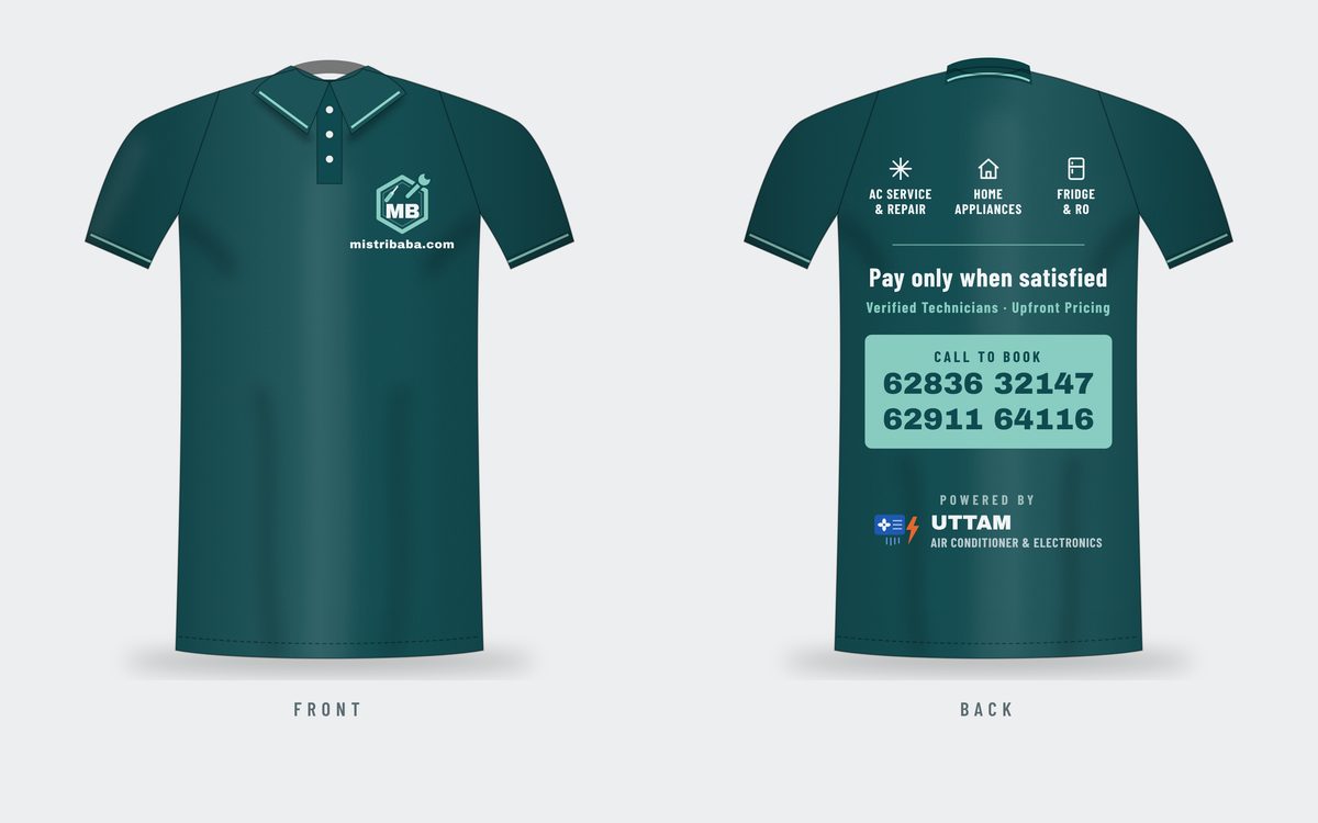 Mistribaba technician uniform, front and back, with services and booking numbers